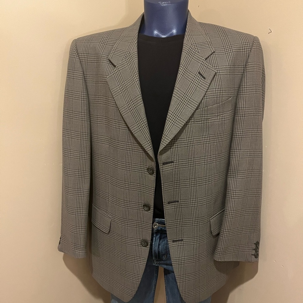 Yves Saint Laurent Windowpane 3-Button Gray Sport Coat with Notched Lapels